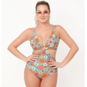 Unique Vintage Floral Cutout One-Piece Swimsuit Large